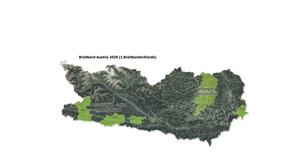 Karte von Österreich mit markierten Gebieten in Kärnten: Großregion Gailtal und Lavamünd, Großregion Görtschitztal.